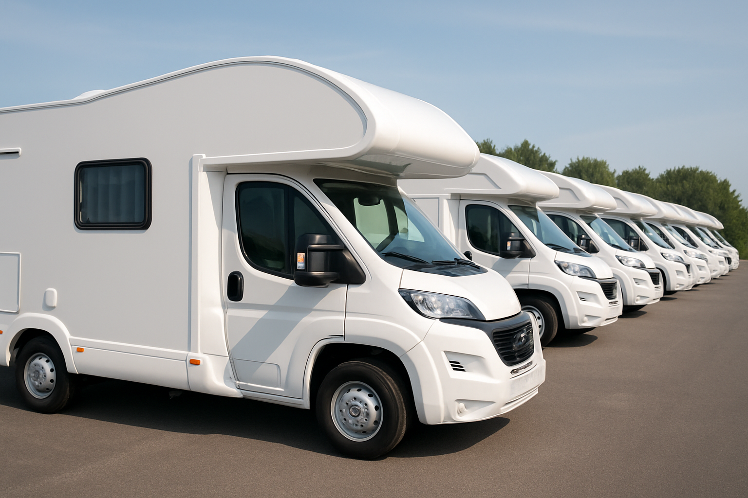 Flotte weißer Wohnmobile auf einem Parkplatz