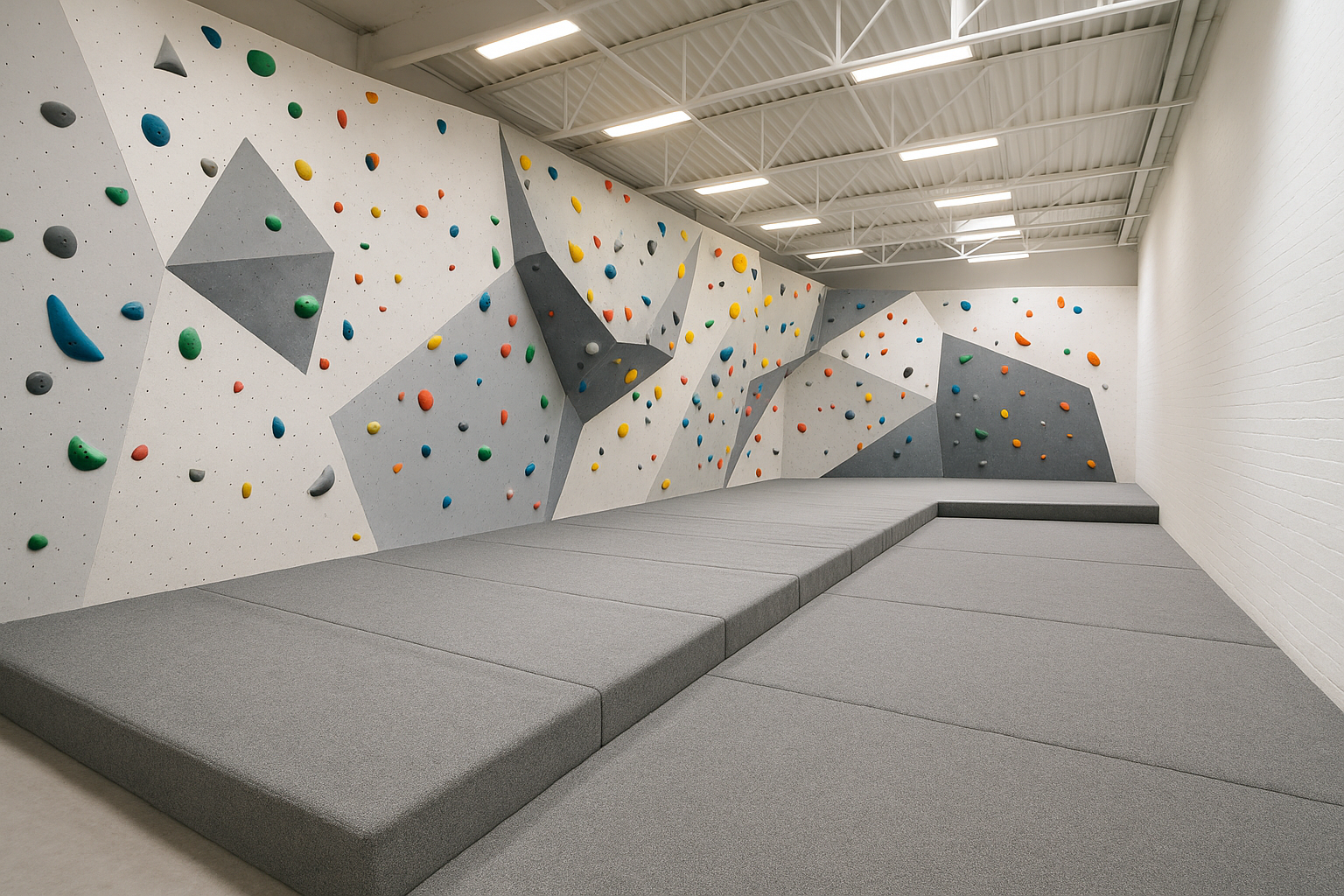 Boulderhalle mit sauberen grauen Matten