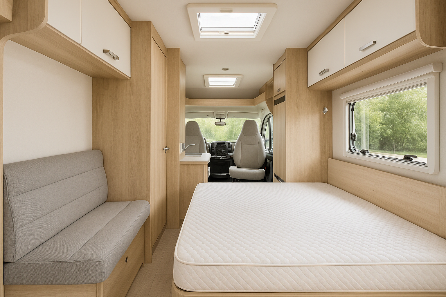 Innenraum eines Wohnmobils mit sauberer Matratze